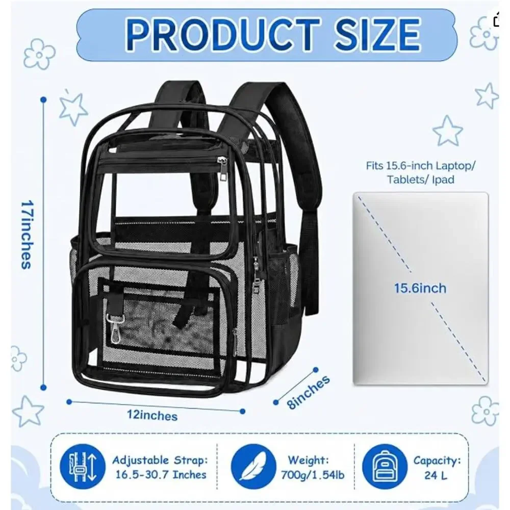 Large Heavy Duty Clear Backpack, Transparent Backpack, Stadium Backpack- Black